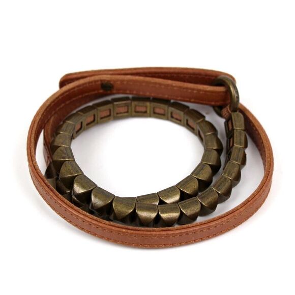 SKINNY STUDS ELASTIC BROWN GENUINE LEATHER 0.5"Wd DRESS CASUAL BELT Sz S/M (E98 - Picture 3 of 7